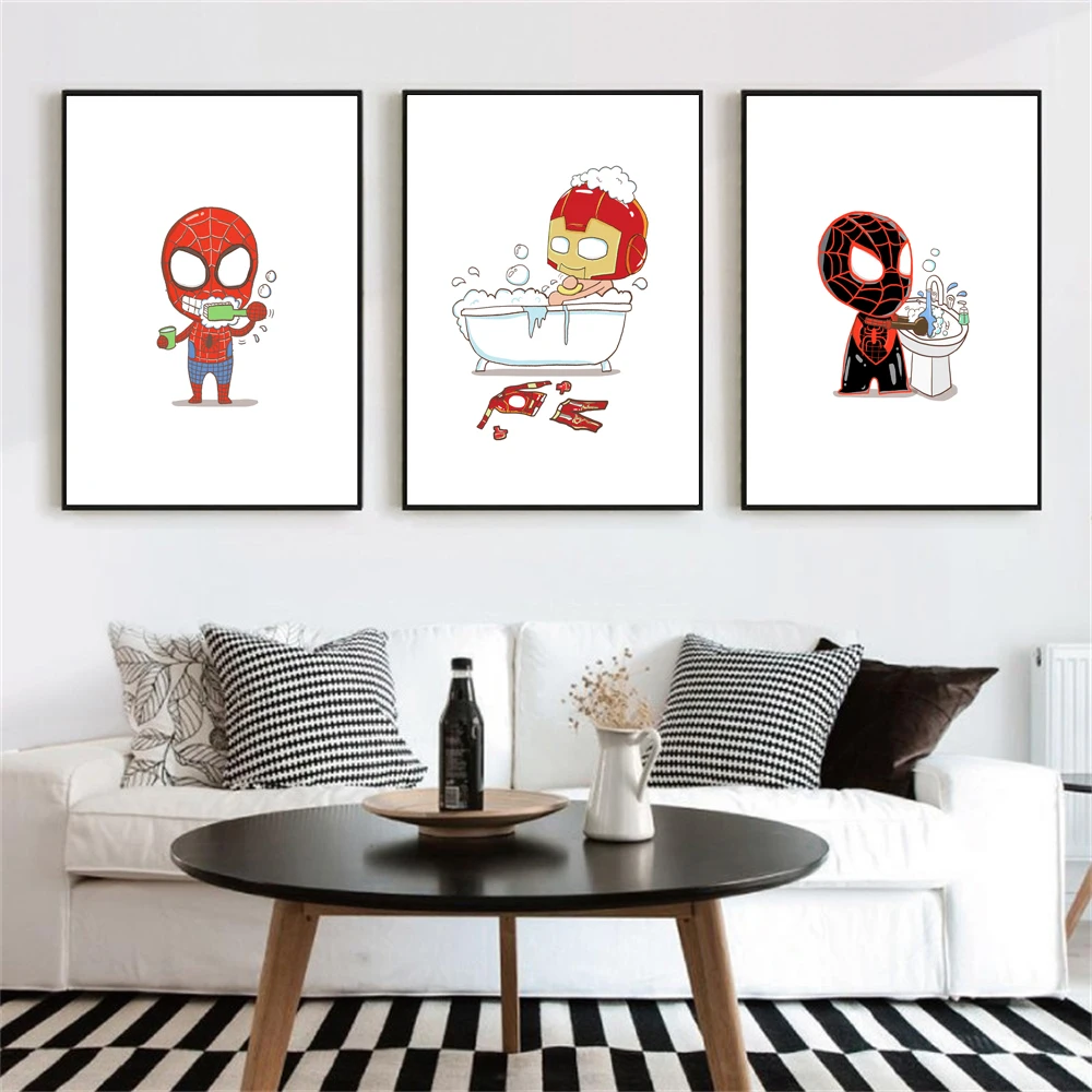 MINISO Superhero Theme Kid Bathroom Wall Art Print Poster Wash Hands Chores Routine Canvas Prints Bathroom Toilet Wall Art Decor