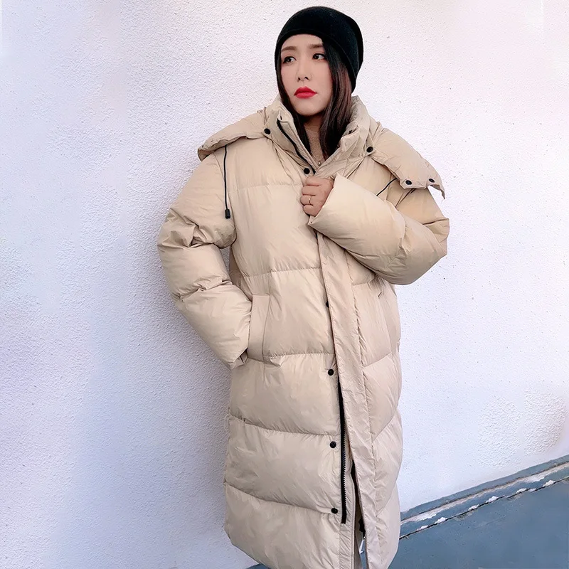 Long length large size down jacket women\'s new winter fashion version of loose and thick warm hooded white duck  down coat