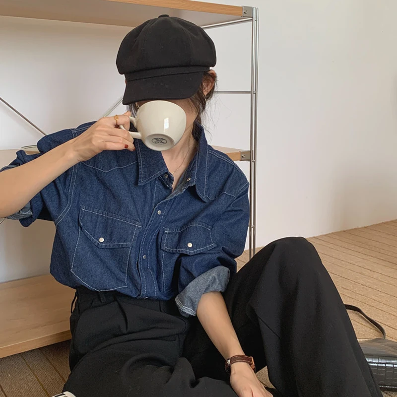 시크 심플 더블 포켓 데님 긴팔 셔츠 여성 초봄 신상 루즈핏 캐주얼 엘레강스 탑 한국 스타일 폴로 카라