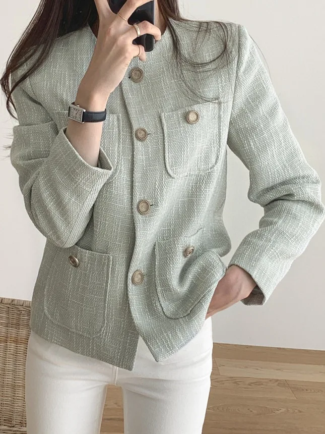 

Женское модное длинное пальто Ele round Ne Tweed Jaet на одной пуговице, корейское пальто свободного кроя
