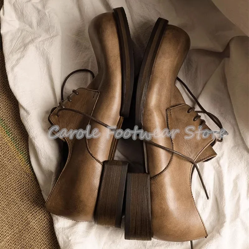 

British Style Handmade Leather Lace-Up Loafers for Men Round Toe Shallow Breathable Casual Shoes Male Outside Walking Oxfords