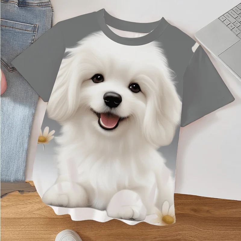 

Baby Girl Pet Dog Print T-shirt Flower Quick-Dry Breathable Short Sleeve 3D Pullover Casual Round Neck Top Baby Clothes 3-13Y