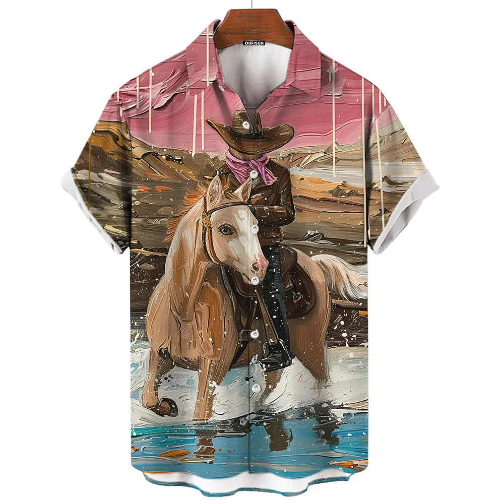 Oil Painting Western Cat Cowboy Riding Print Summer Fashion Men\'s Short Sleeve Shirt Travel Vacation Men\'s Shirt Oversized Top