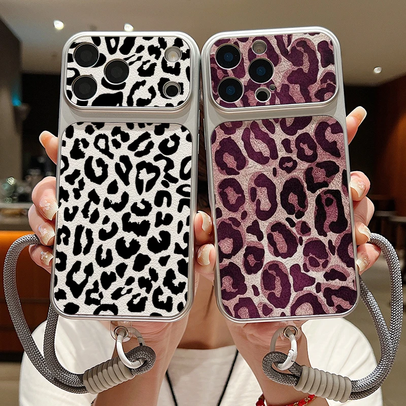 Leather Texture Phone Case For iPhone 17 Pro 16 15 14 13 Pro Max Gold Leopard Print Wrist Strap Lanyard Soft TPU Matte Cover view 2