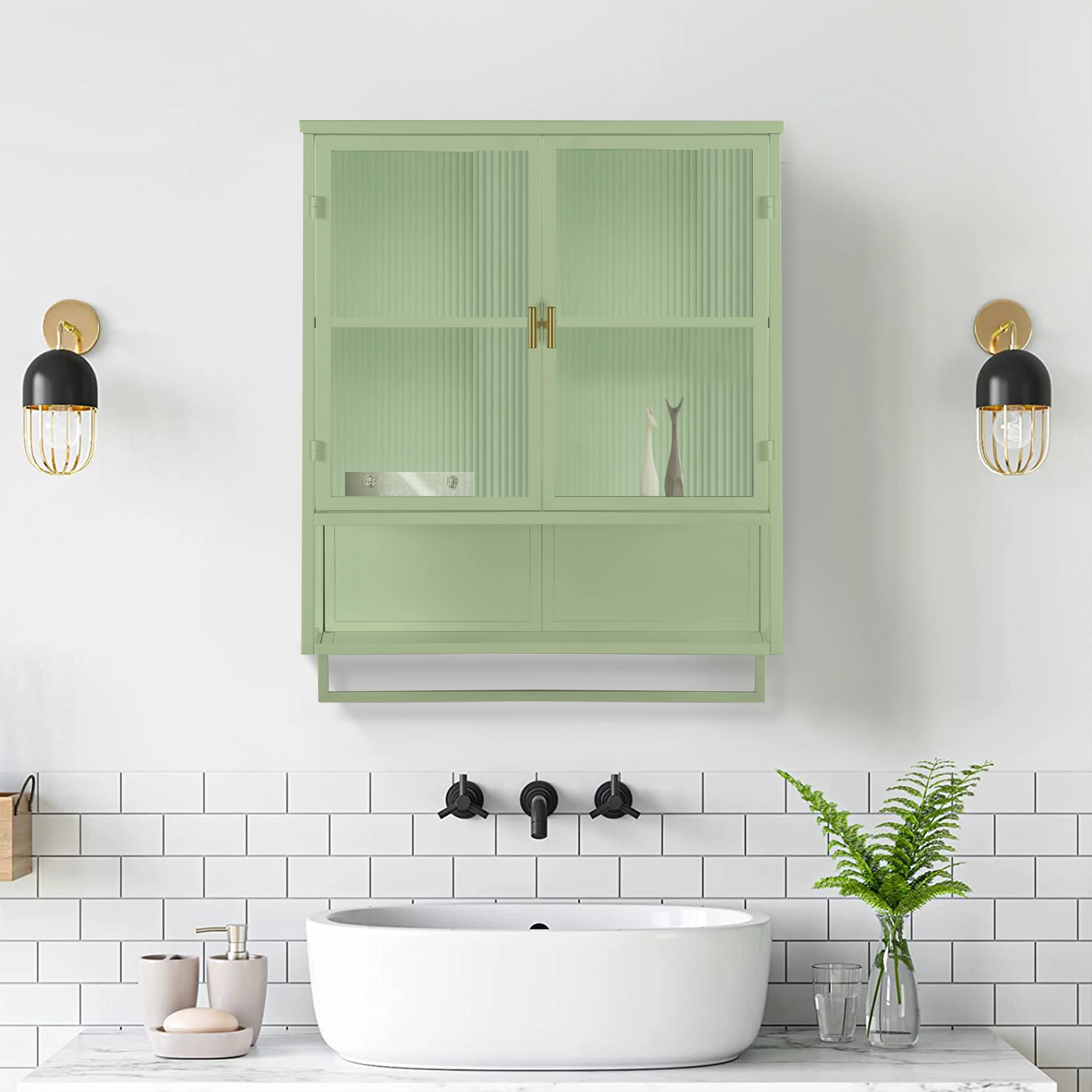 Armoire murale moderne avec portes vitrées et porte-serviettes, meuble mural avec étagères - 60x23x78 cm - Vert, Verre + Métal