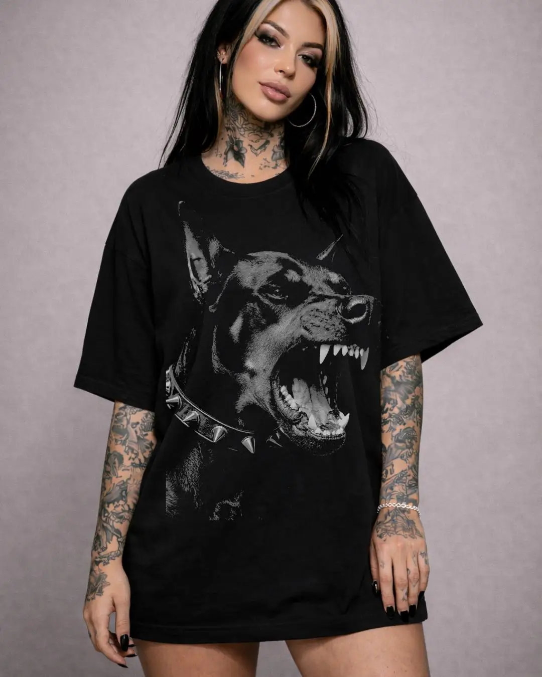 'Snarling Doberman' Graphic T-Shirt Punk Rock Rivet Collar Oversize Black Tee Dark Streetwear”