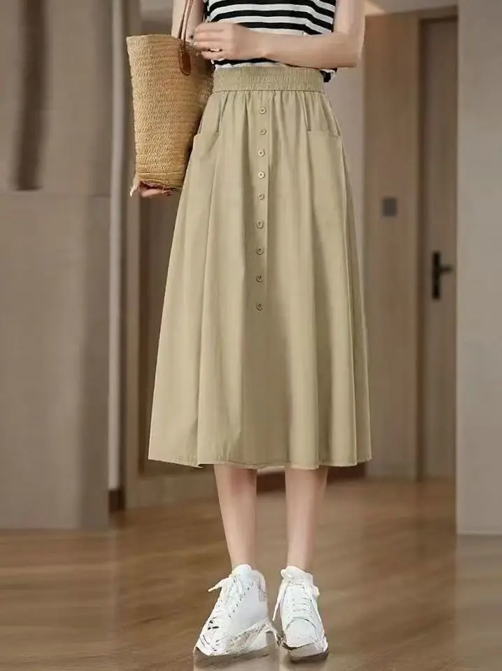 

High Waist Button up Thin Summer Midi A-Line Skirt Slimming Effect Casual Style Polyester Fiber City Commute Suitable Skirt