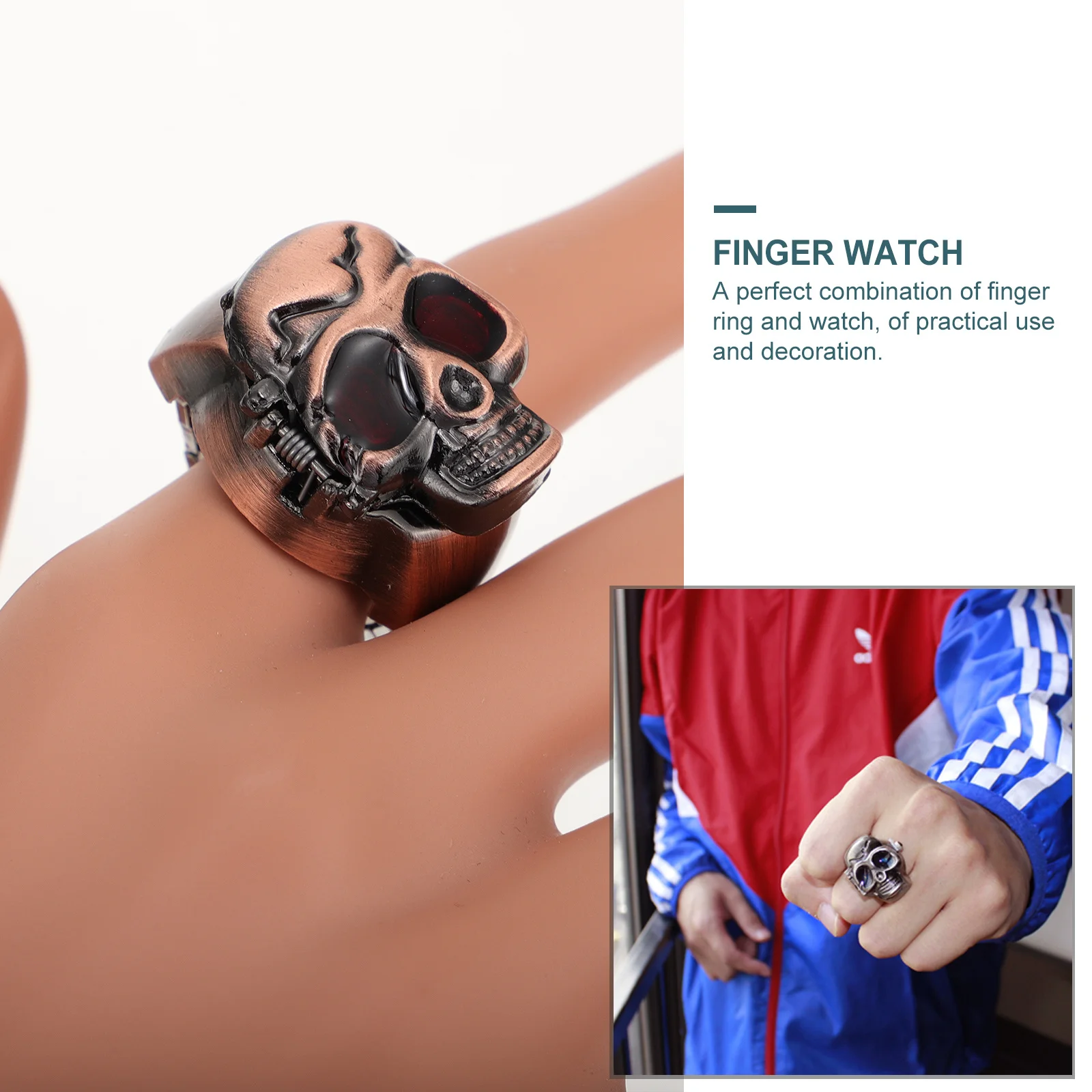 

2pcs Flip-Open Ring Watch Vintage Skull Design Adjustable Finger Timepiece Clamshell Mini Watch Fashion Accessory