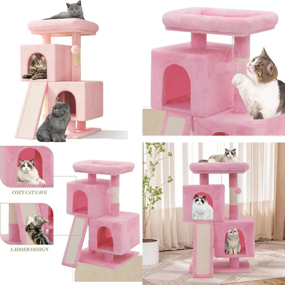 

Компактный стильный кошачий комплекс-башня 34 в 1 с когтеточкой, 2-уровневым домиком и игровым мячом для использования в помещении, розовый