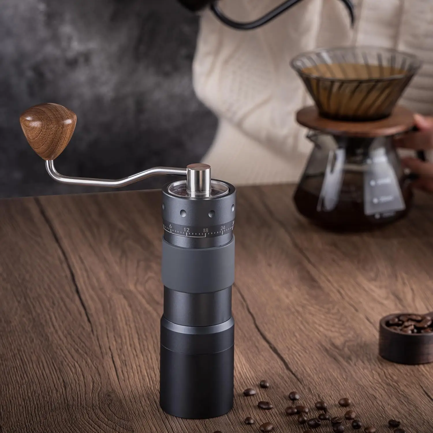 Manual Coffee Grinder with 7 Star Stainless Steel Burr, with Magnet Catch Cup for French Press, Mocha, Espresso, Grey, 25g