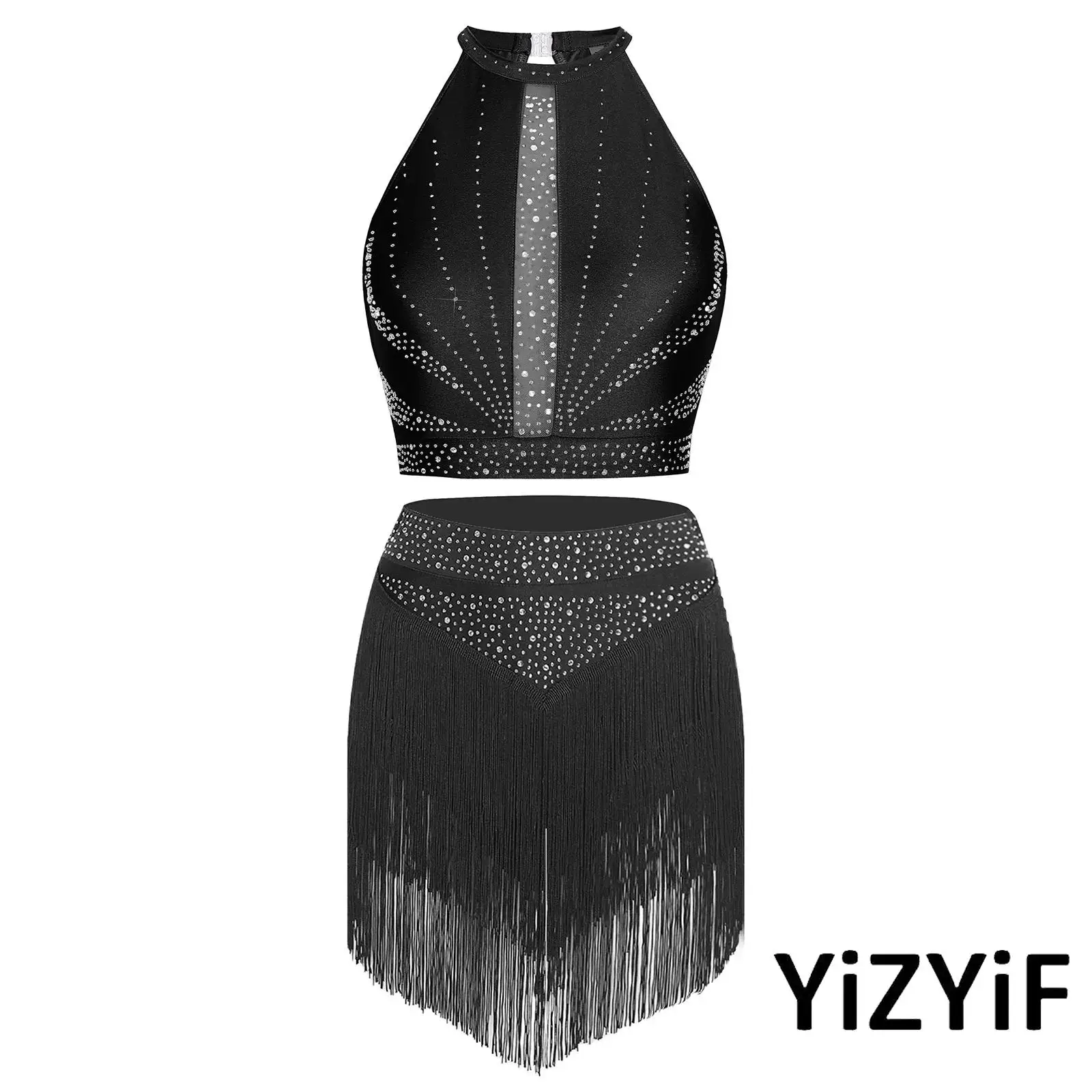 Womens Latin Dance Performance Outfit Sleeveless Rhinestone Top with Tiered Tassel Skirt for Cha Cha Salsa Tango Figure Skating