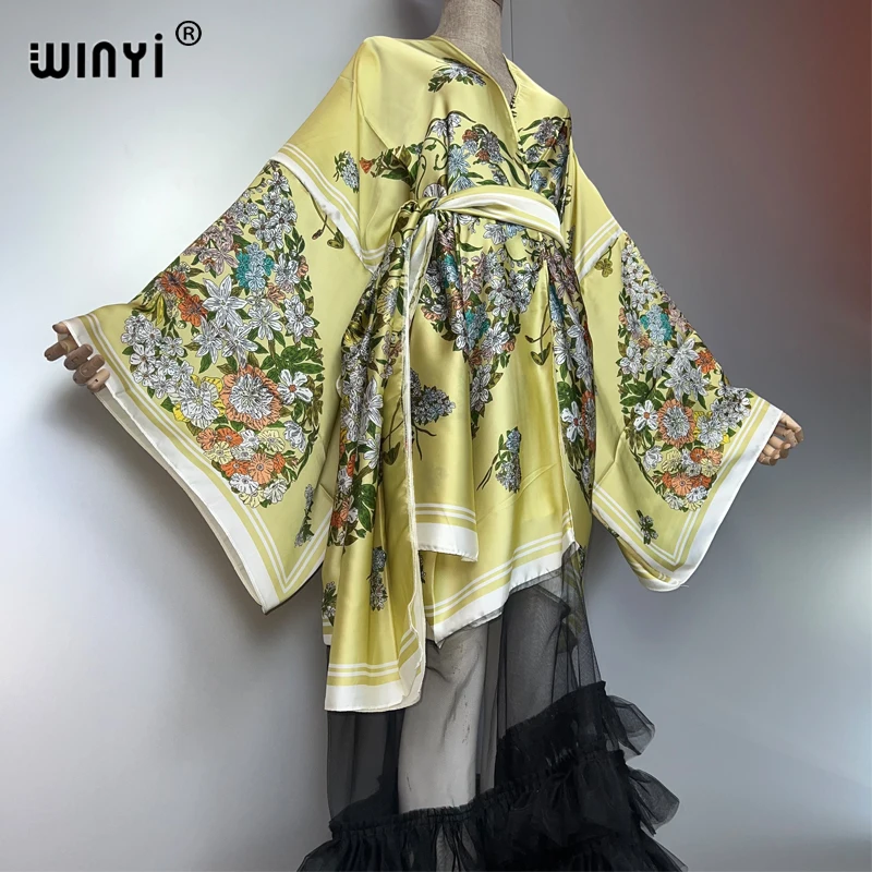 WINYI Catwalk Kimono Damen Bedruckter Blasensaummantel Langarm Strickjacke Abaya Dubai Luxus Beachwear Cover Up Boho Kleid Kaftan
