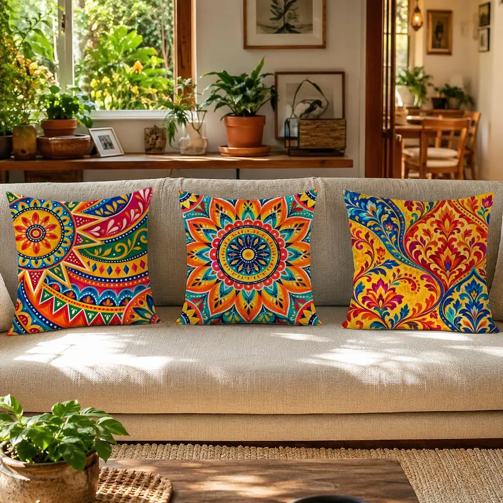 Mexican Talavera Tile Colorful Mandala Cushion Cover Skin-Friendly Linen Pillow Cover Durable Hypoallergenic Washable Soft