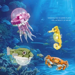 Idea Sea World BuildING Block Underwater Animals Brick Globefish Hermit Crab Seahorse Manta Ray Jellyfish Octopus Toy With Light
