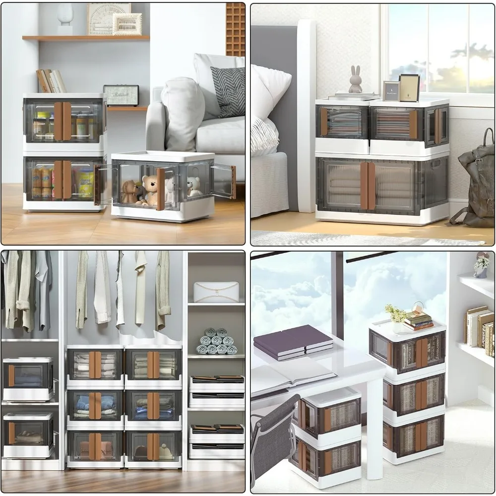 両面アクセス可能な折りたたみ式収納箱、容量6.86ガロン、積み重ね可能なプラスチック製本棚