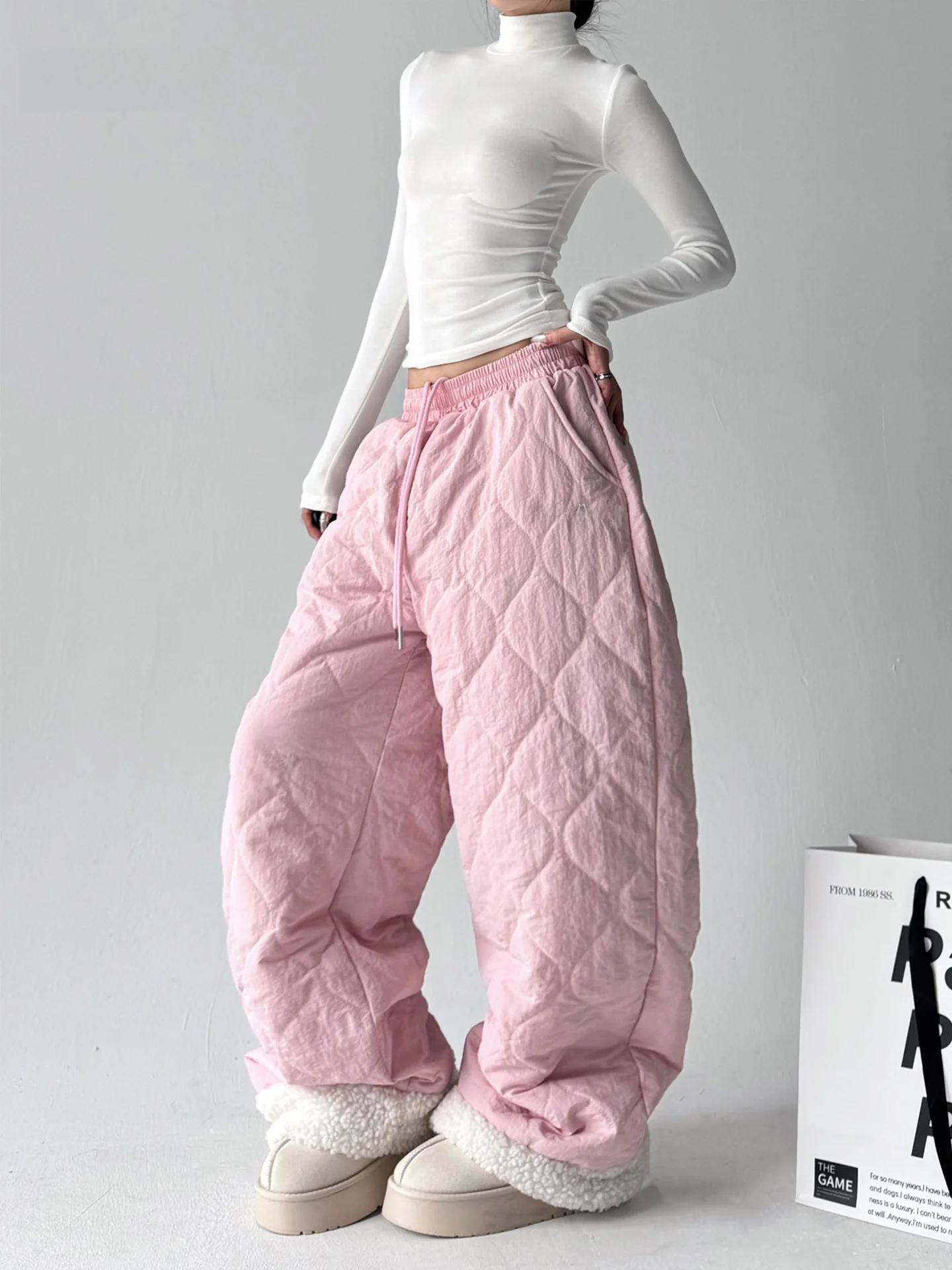 Pink Thiened Wide Leg Pants Women's Loose Comfortable Winter Faionable Cotton Trousers High Waist Straight Tube Pants