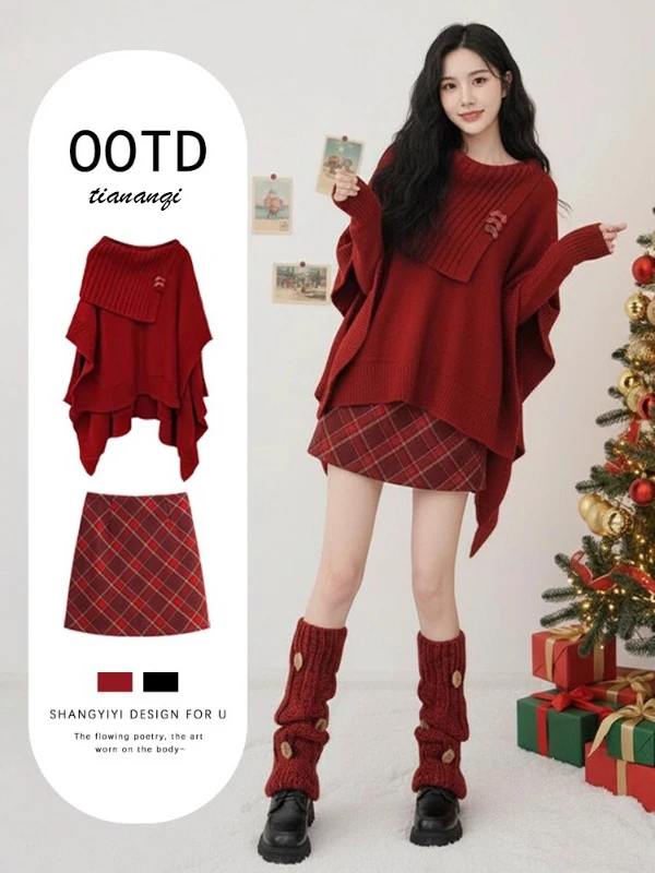 

Cisas Theme Red Color Knitted Coat And Skirt Set Women's Faion Autumn Winter Plaid ort Skirt Two Piece Suit