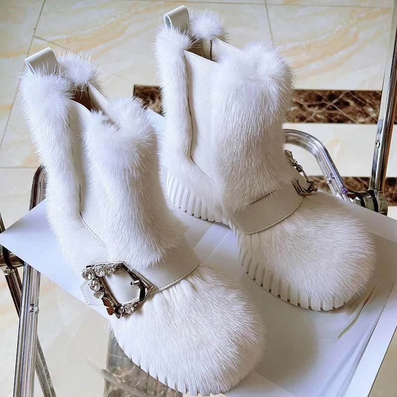 Women's Fashion Platform Ankle Boots Luxury Mink Fur Trend SnowShoes Exquisite Diamond Buckle Cause Solid Color Fur Sneakers