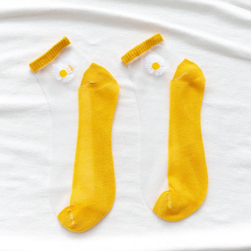 10 Paar Frauen weiße Gänseblümchen Blume kurze Socken Set Mode Sommer dünne atmungsaktive Bonbon farbe transparente Kristall Seide Söckchen – Detail 10