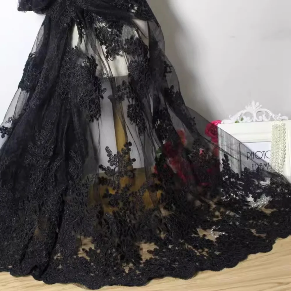 

Black Transparent Premium Embroidered Boning-Style Fabric for Fashion Dresses Lace Garments Material