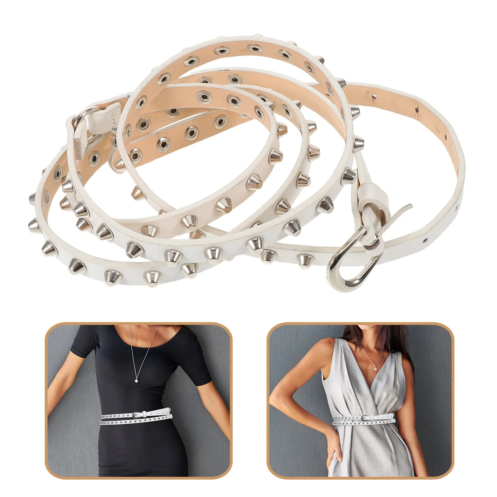 

Punk Rock Women Belt White - Studded Adjustable Waistband for Music Festival Outfits Dresses Jeans Streetwear