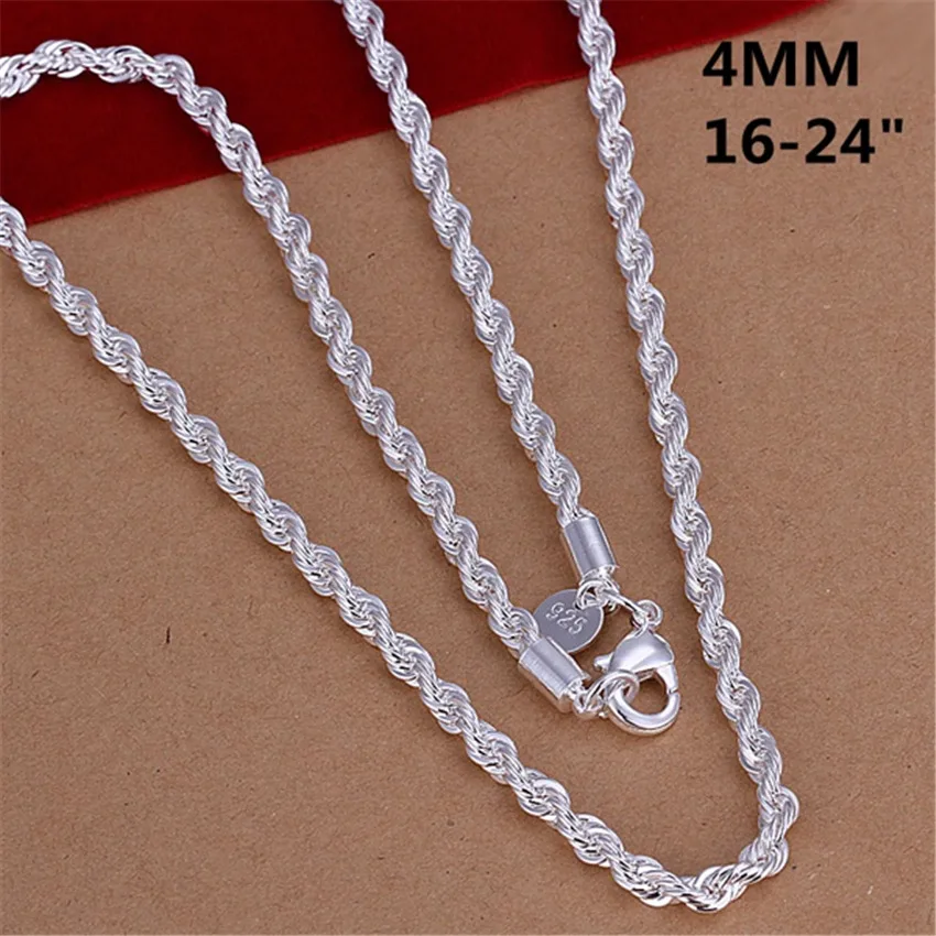 16-24 pulgadas para mujeres y hombres hermosa moda 925 Color plata encanto 4MM cuerda cadena collar ajuste colgante joyería de calidad alta