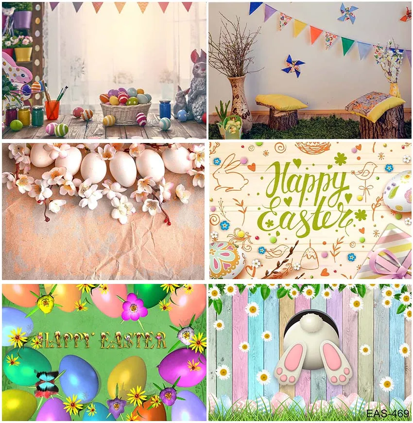 Happy Easter Poster Spring Color Eggs Backdrops Wood Boards Photographic Studio Banner Floral Decoration Bunny Backgrounds Props