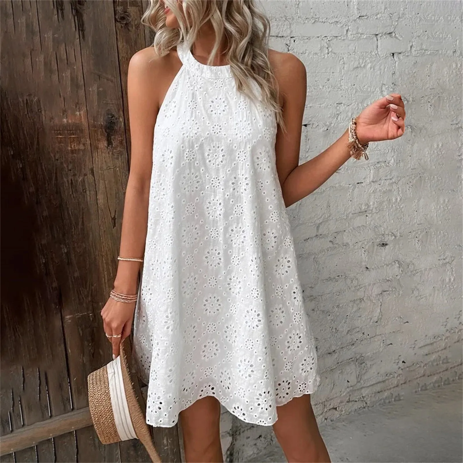 

Fashion Trend Summer Women's Dress New Ladies Lace Solid Color Sleeveless Buttonless Dresses For Women 2023 Vestidos Robes