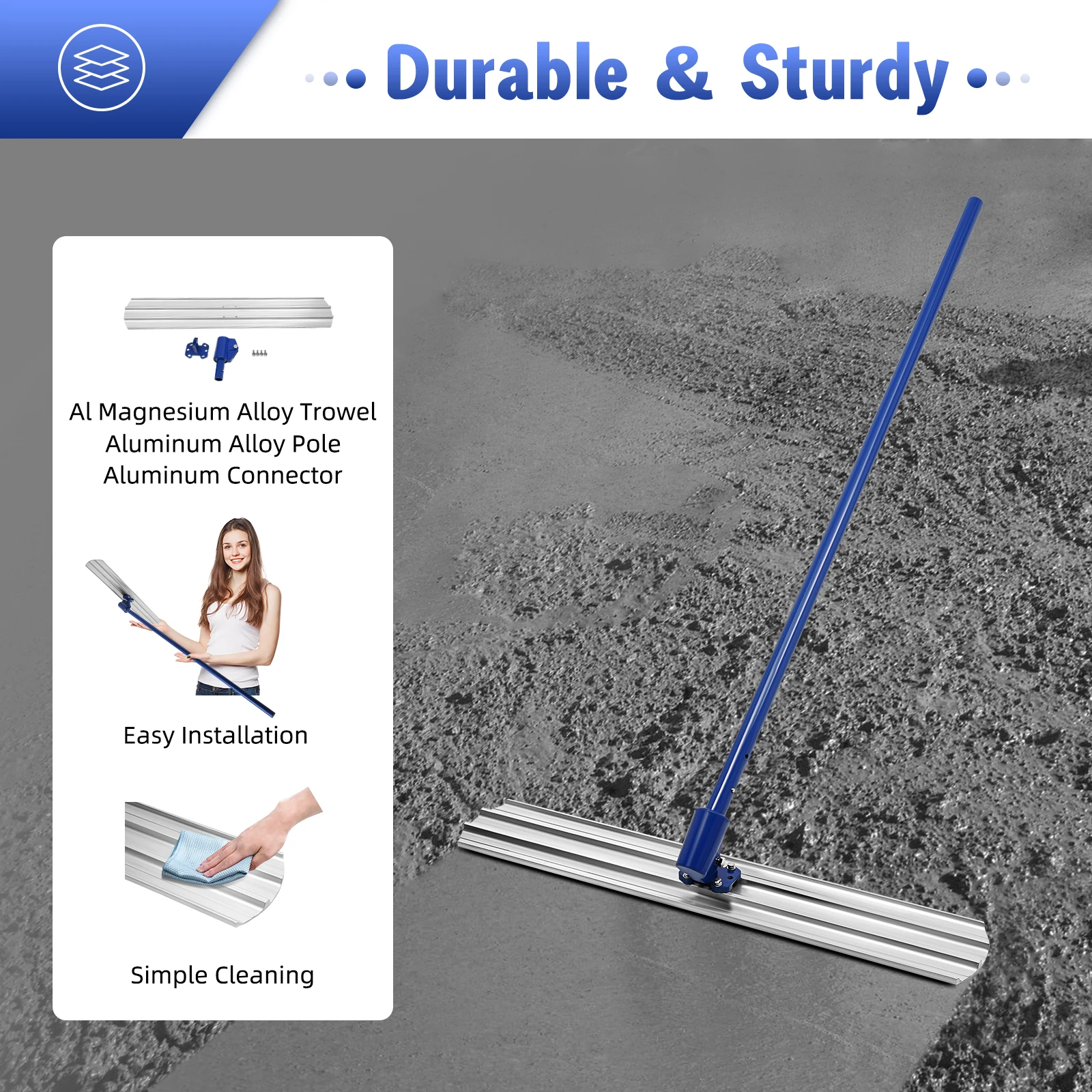أداة تعويم الخرسانة 47.24 بوصة، مجرفة من سبائك الألومنيوم والمغنيسيوم مع أقطاب قابلة للتمديد، أداة تسوية زرقاء لتشطيب الأرضية #1