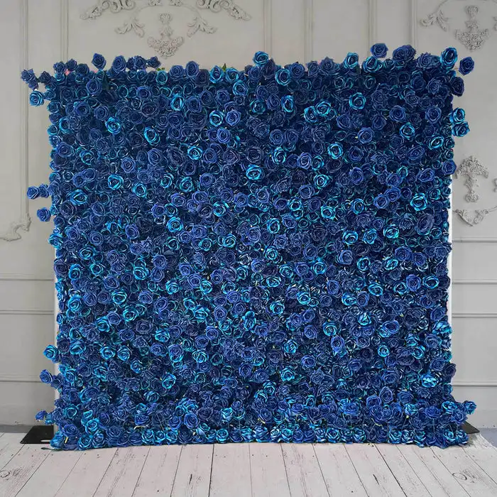 

3D Ocean Blue Rose Peony artificial plant flower wall fabric Outdoor wedding background decoration Birthday party event layout