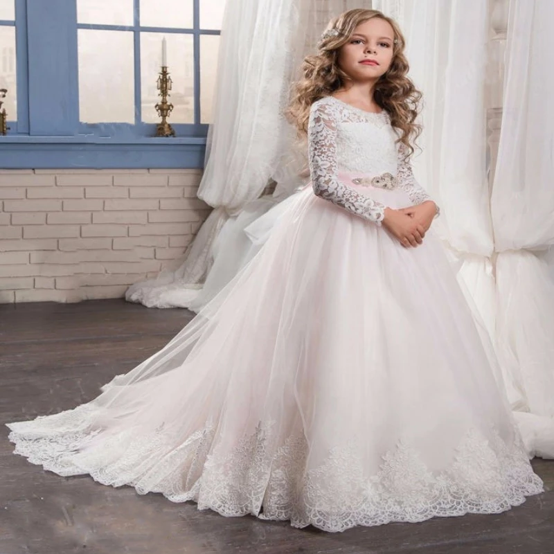 

Elegant Pink Flower Girl Dresses Puffy Sash Tulle And Lace Long Sleeve Dress For Wedding Party First Communion Gowns