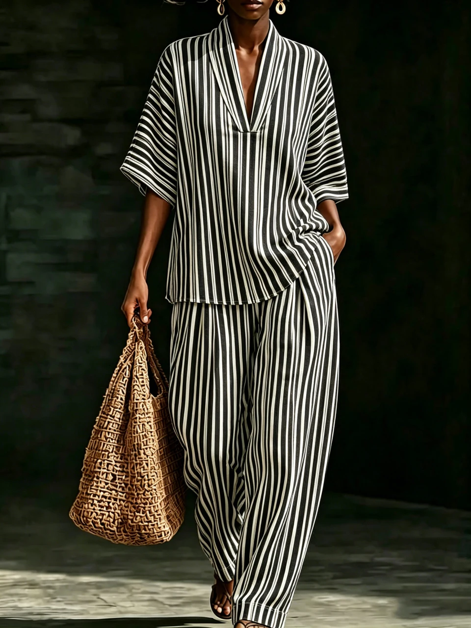 

Women's Casual Two-piece Set Summer Striped Print Wide-leg Pants Short Sleeve Top Matching Two-piece Set For Women Clothing