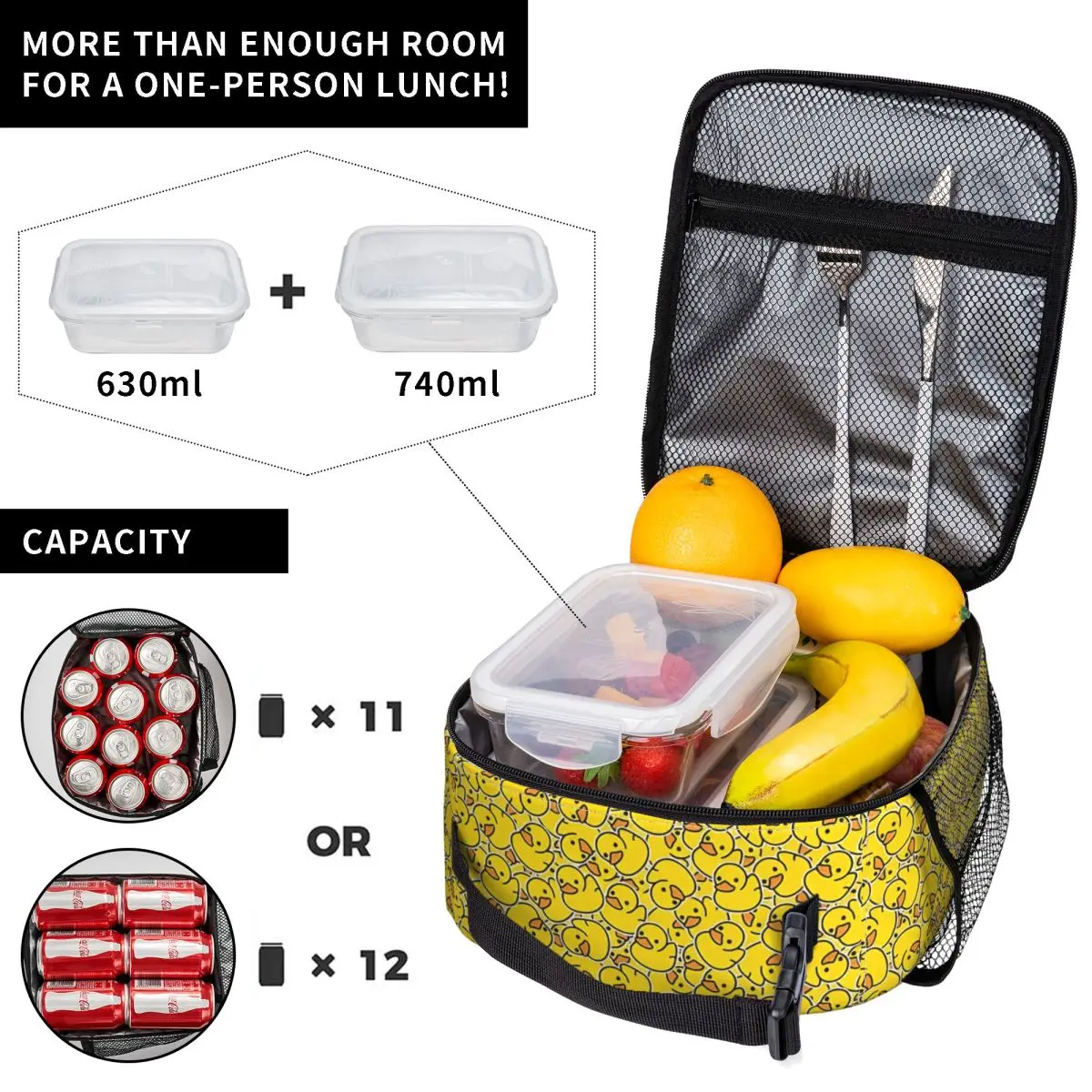 Cartoon Happy Rubber Duck Lunch Bag Cute Lunch Box Travel Portable Tote Food Bags For Women Waterproof Print Cooler Bag