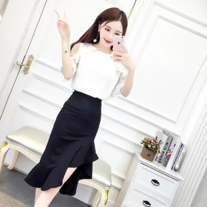 Women\'s Two Piece Set Short Sleeve Skirt Mature Ruffles Female Outfits Vintage Luxury Designer Clothing Korean Style Promotion