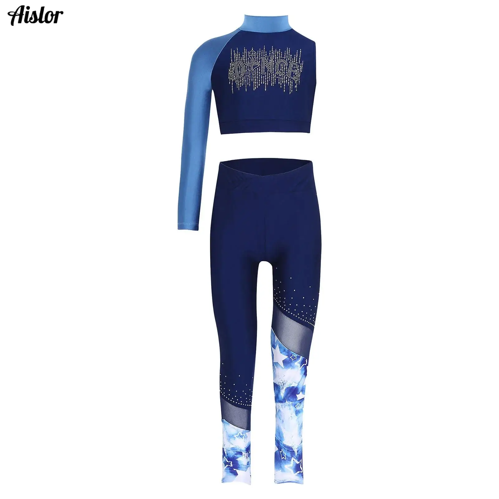 

2Pcs Girls Sparkly Sequins Gymnastics Dance Outfits Mock Neck Asymmetrical Sleeves Tank Crop Top+Leggings Set Athletic Tracksuit