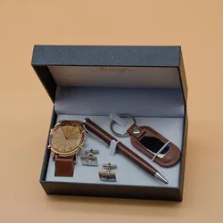 Man Watch Gift Set With High Quality Box Luxury Quartz WristWatch Keychain Cufflinks Pen Mens Watches Sets For Men’s Boy's Gift