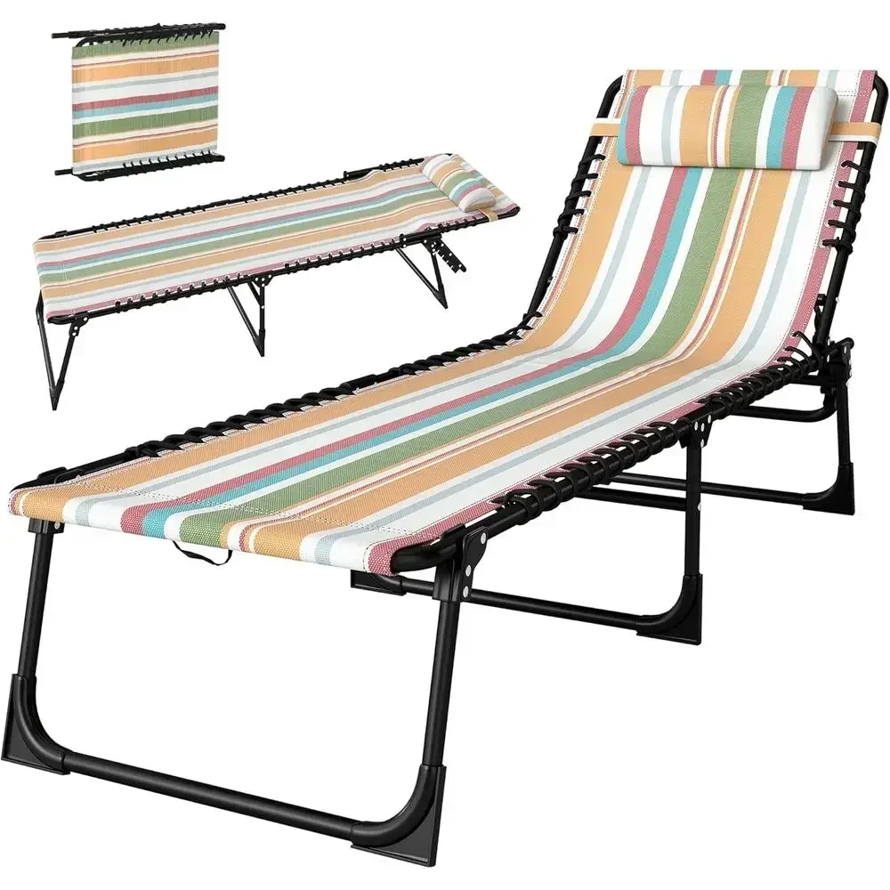 4-Position Reclining Chaise Lounge Chair for Patio, Poolside, and Beach in Breathable Mesh with Rainbow Stripes