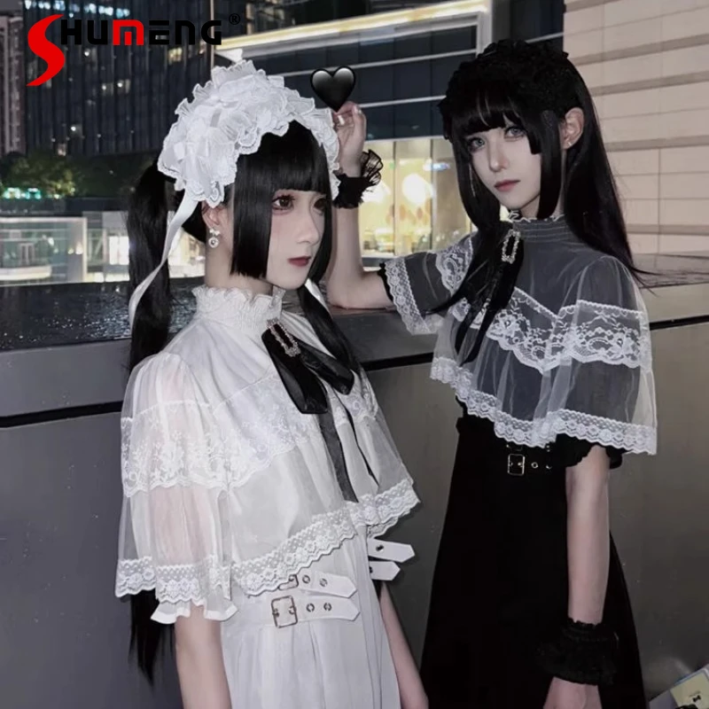 

Japanese Mine Gothic Y2k Lolita Rhinestone Bow Dress Sweet Women Lace Cape Short Sleeve Slim Party Dresses Elegant Fairy Dress