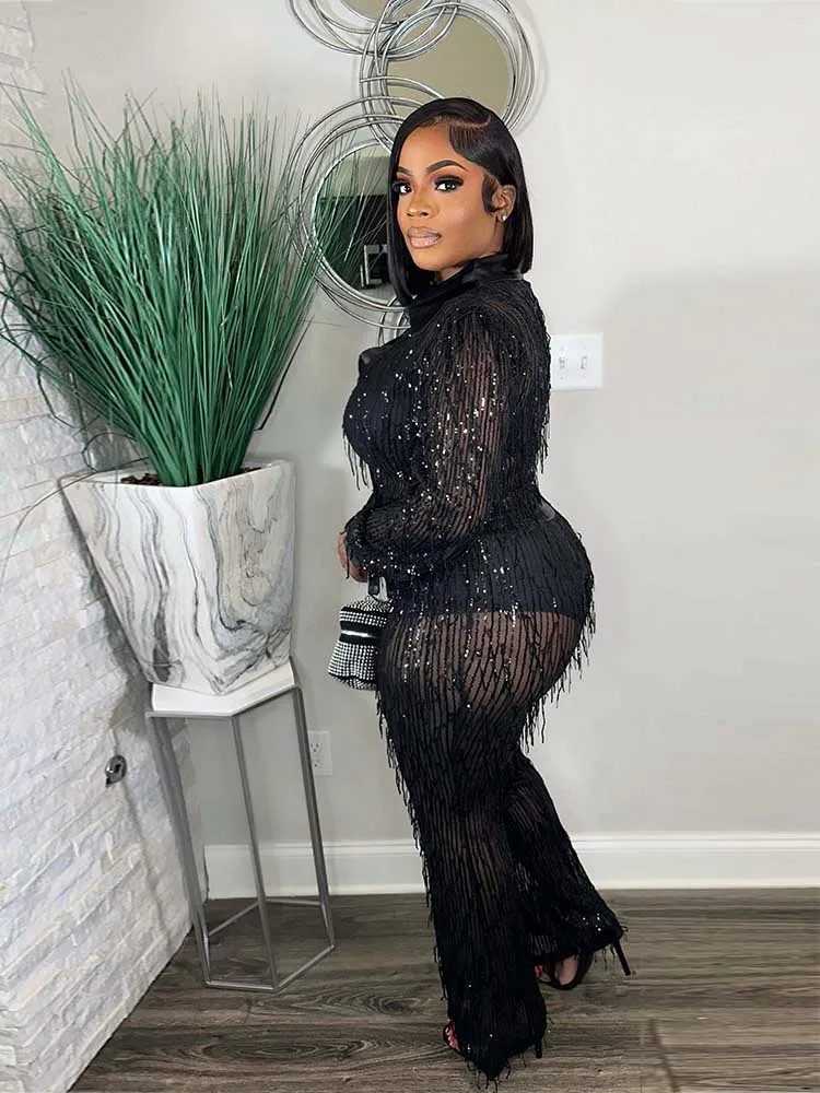 2 Piece Set Women Party Pants Sets Long Sleeve Tassel Sequins Top and Long Trouser Nightclub Wear Two Piece See Through Outfits