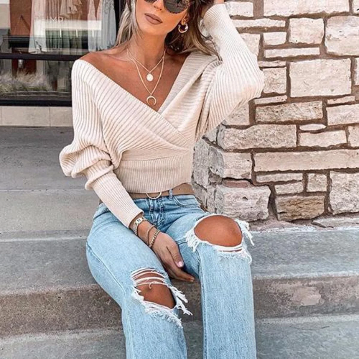 

Autumn Winter Y2k Streetwear Elegant Splice Knit Work Causal Tops Women Pullovers Sweaters Knitted V Neck Full Sleeve Jumpers