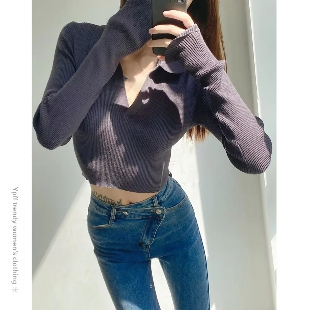 Top Corto de Punto con Cuello , Ajustado y Sexy, Cseta de Manga Larga para Mujer Moderna, Estilo Casual de Negocios, T...