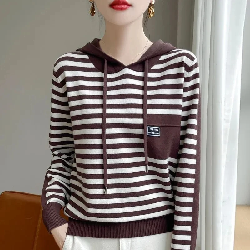 Jersey holgado con capucha para mujer coreana, suéter tejido a rayas con cuello redondo para mujer, Jersey informal de manga larga para primavera y otoño