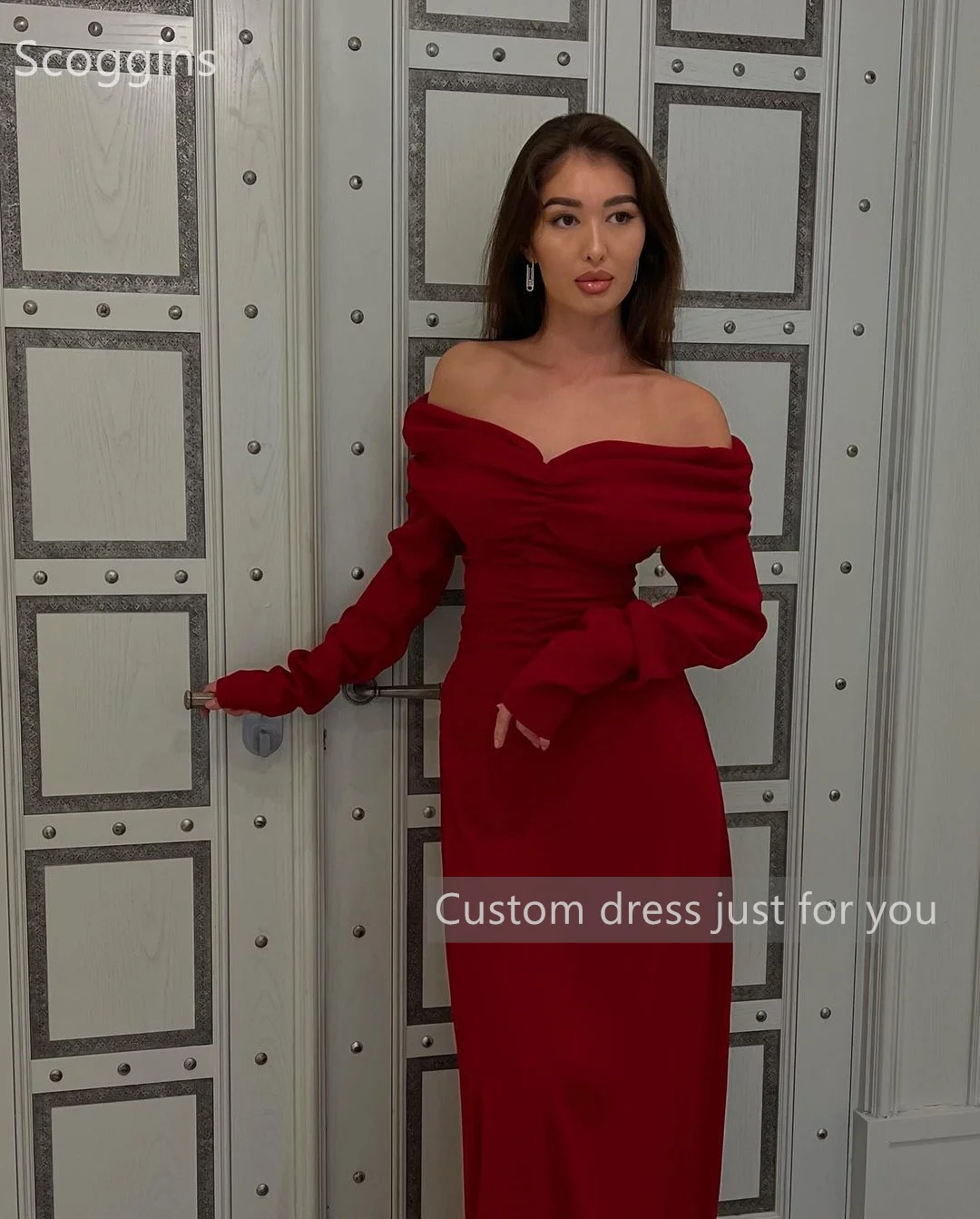 Scoggins فساتين سهرة Column Off-The-Shoulder Neckline Floor-Length Long Sleeves Zipper Up Dresses For Special Events Long Dresse