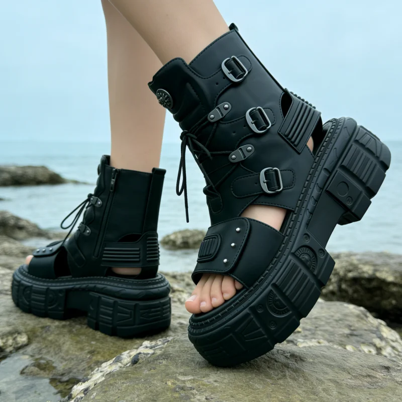 

Punk Chunky Heel Platform Women Sandals Lagre Size Metal Decoration Open Toe Summer Shoes Retro Gothic Sandals Female Runway New