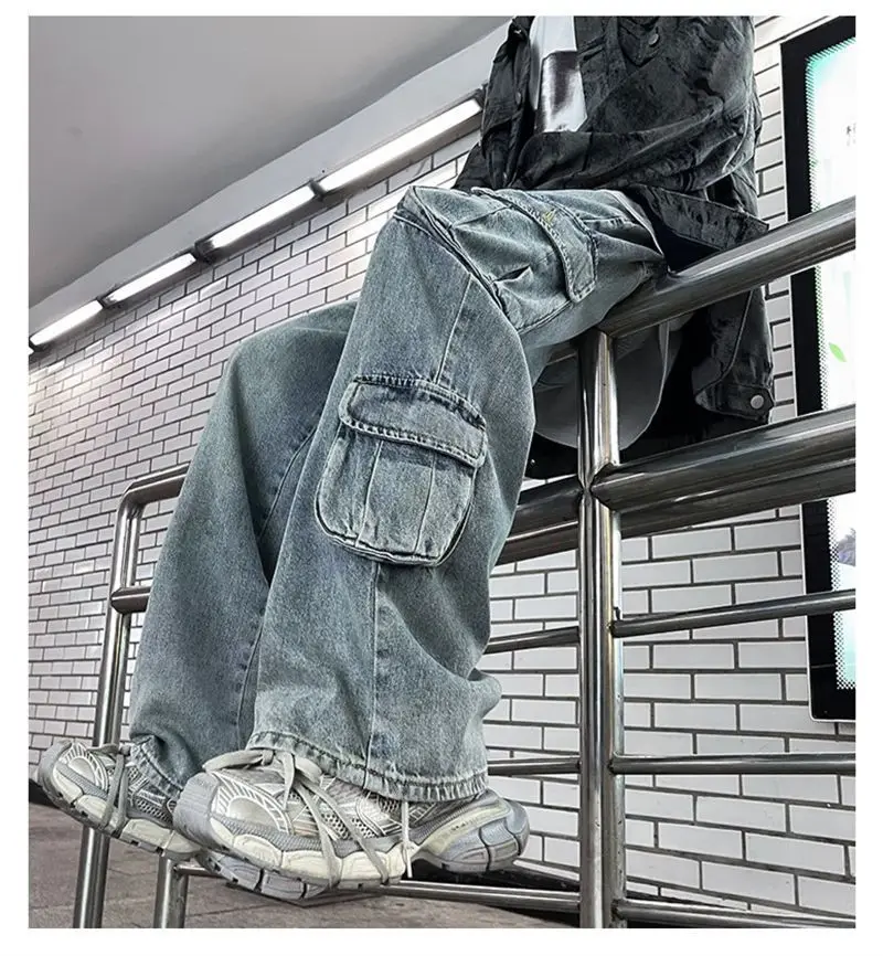 Jeans lavados de perna reta com bolso grande, Hip Hop americano, solto e moderno, calça casual para homens e mulheres