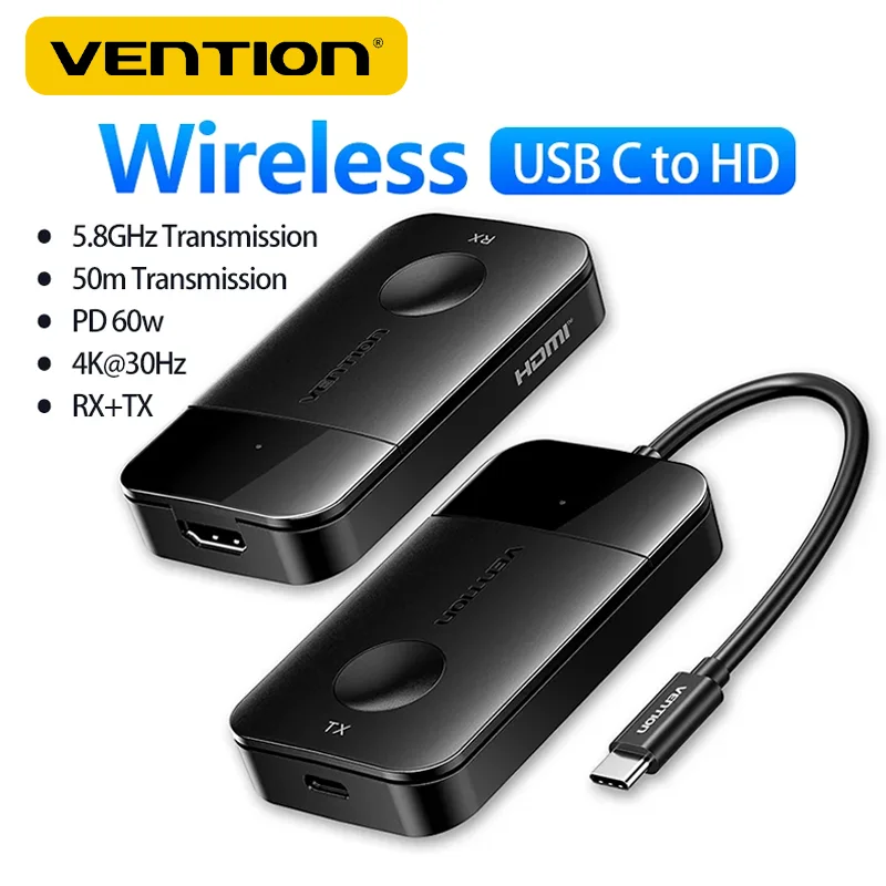 Передатчик Vention USB-C к HDMI Адаптер беспроводного приемника 5 ГГц 4K 60 Вт PD Type C Адаптер для iPhone 50M для ТВ-монитора ноутбука