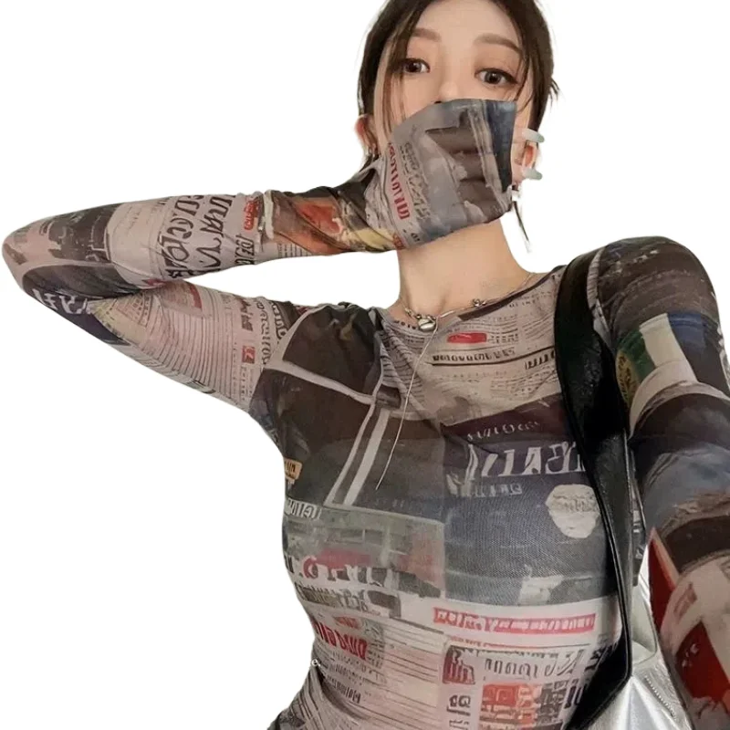 

Retro Printed Long Sleeved T-shirt for Women's Summer Hot Girl Thin Mesh Atmosphere Slimming Waist Cinching Short Top