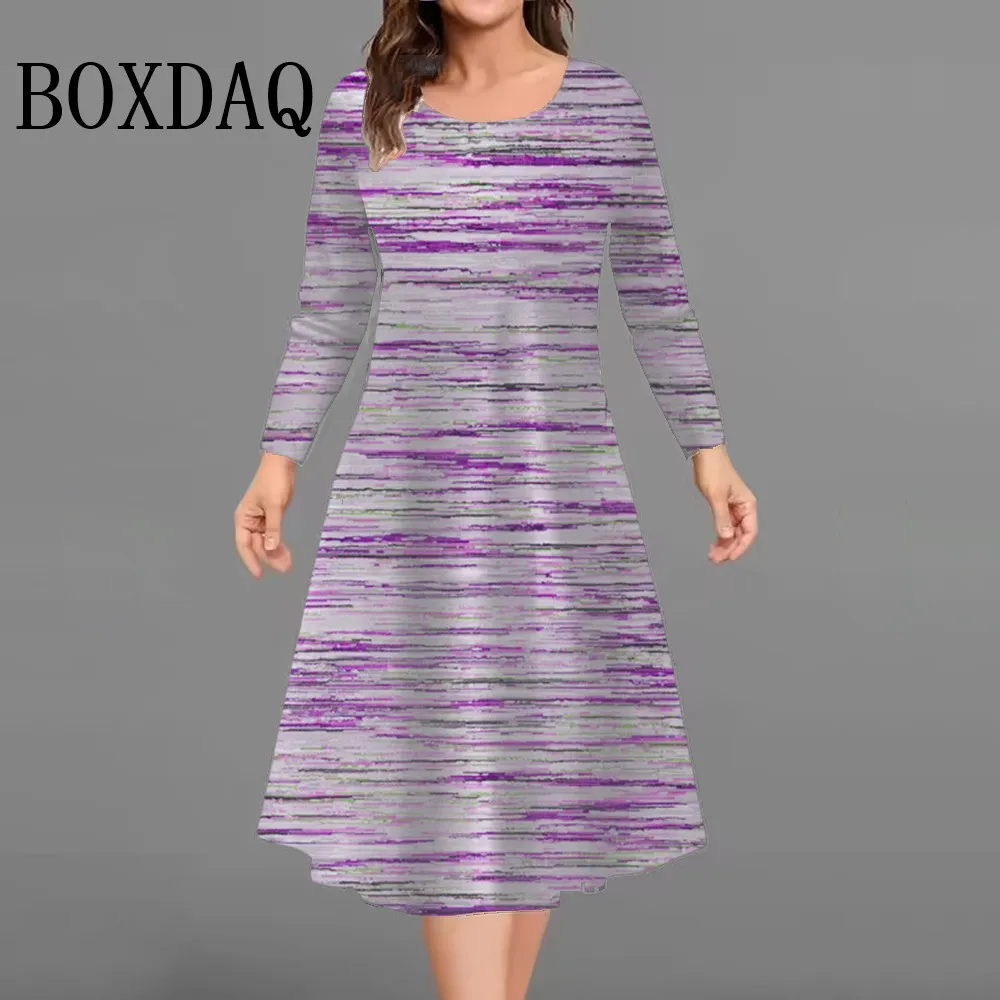 Jesienne Retro Sukienki z Długim Rękawem Damskie Sukienki Tie Dye w Paski z Nadrukiem Codzienna Sukienka z Okrągłym Dekoltem Luźna Mini Sukienka Plus Size 9XL