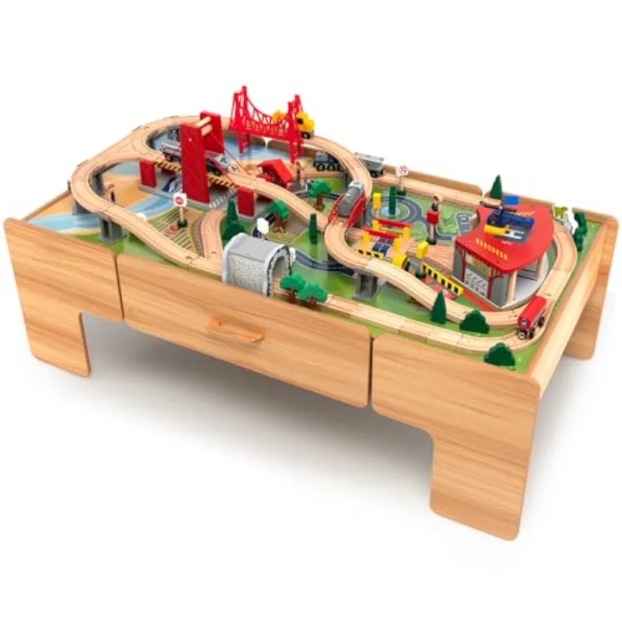 

Train table for kids' playroom use, wooden with natural wood finish, features reversible tabletop, storage drawer, railway trac
