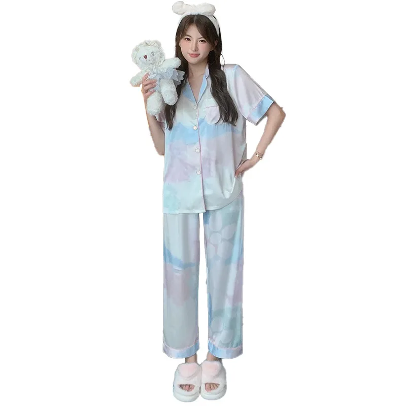 Women Pajamas Set Spring Summer 2 Piece Tie dyeing gradient Pyjama Faux Silk Satin Sleepwear Short Sleeve Pijama Mujer Pjs